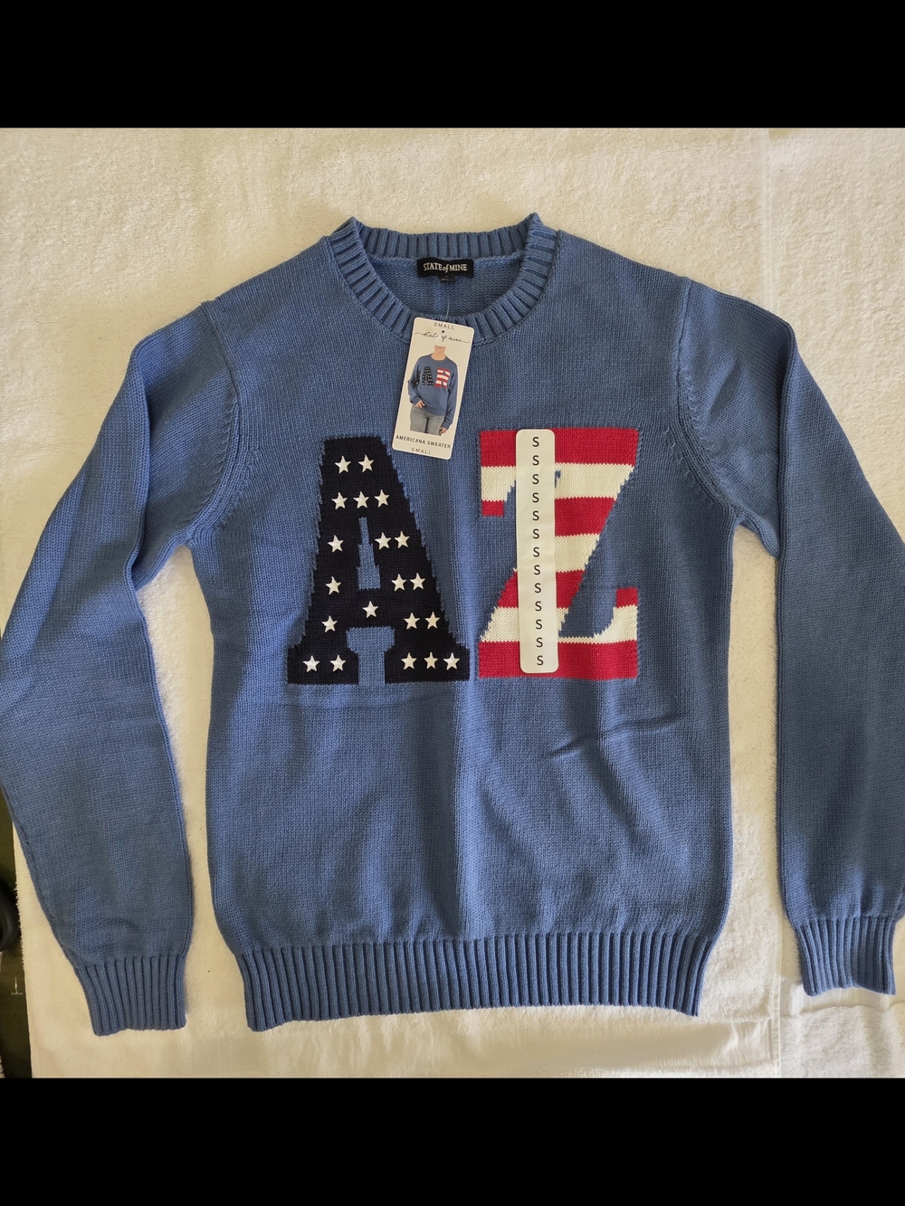 Men's Light Blue Crewneck Sweater with Flag Lettering